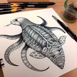 a drawing of an abstract turtle on a table