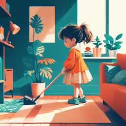 a girl is cleaning the floor with a mop