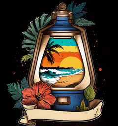 a lantern with flowers and palm trees on the background,a lantern with tropical scenery painted on the side