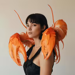 a woman wearing an orange dress posing for the camera