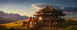 a cabin set in the mountains with lots of flowers outside,a small structure in the middle of nowhere