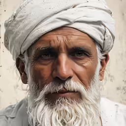 a white bearded man in a white turban poses for the camera