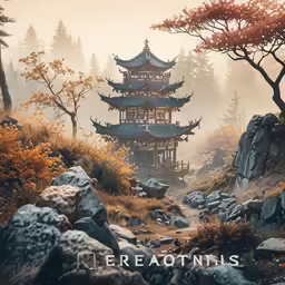 an oriental pagoda sits on the edge of a rocky bank
