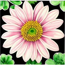 an abstract painting of a pink daisy with clover leaves