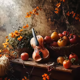 a painting of a violin and various vegetables