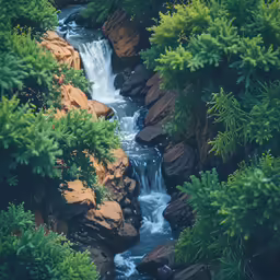 a flowing stream surrounded by lush green trees