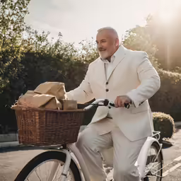 an older man in a suit riding on a bicycle