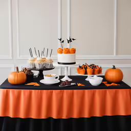 there is an halloween themed buffet table with orange and black food