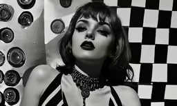 a woman with dark lipstick posing against a checkerboard background
