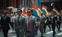 three men in suits and sunglasses walking on a street