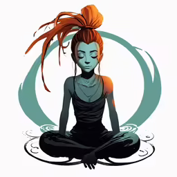 a woman with orange hair sitting in a yoga pose