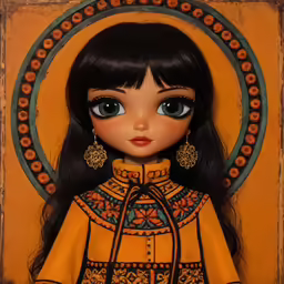 a dolls doll wearing ear rings with a patterned dress on