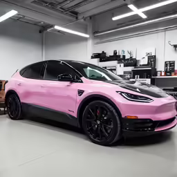 the tesla suv is painted in bright pink