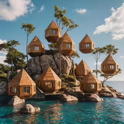 unusual buildings are arranged on top of an island