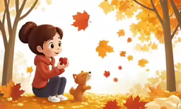a young girl kneeling in a forest while holding a dog