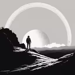 man standing on the edge of a mountain overlooking the moon,a man standing on top of a hill in front of a huge moon