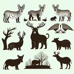 a collection of different wildlife silhouettes on a white background,the deer and elk illustrations are black and white
