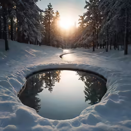a snow covered forest with a pool of water at the end of it