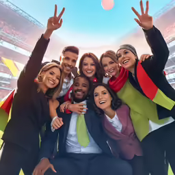 a group of people posing in a stadium