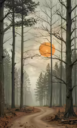 the orange umbrella is in the air near the woods