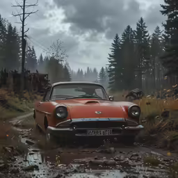 an old rusted car sitting on a dirty road in the middle of a forest