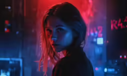 a girl stands in the dark with neon lights