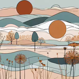 landscape painting with some blue and orange flowers,a painting of a landscape with trees, water and sun