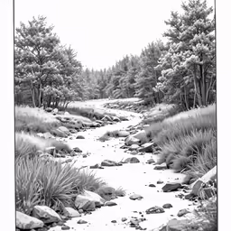 a black and white photo shows rocky creek