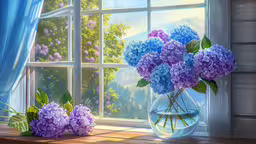 an artistic painting of blue and purple flowers on window sill,a painting of purple and blue flowers in a vase