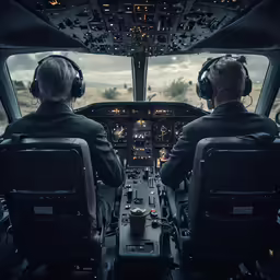 two pilots sitting in the cockpit of an airplane with their heads phones on