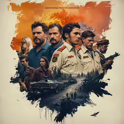 a movie poster with people and a gun in the center