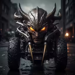a demonic looking monster with large horns and yellow eyes
