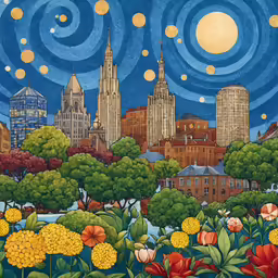a painting of a cityscape with flowers and trees