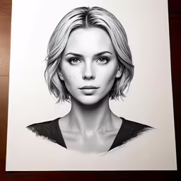 a black and white portrait drawing of a young blond haired woman