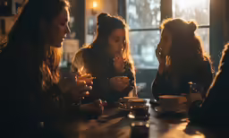 three girls sitting at a table, having conversation while holding cell phones