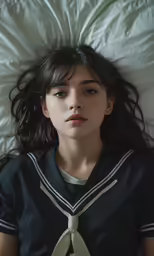 a young woman lying in bed wearing a tie