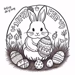 a cartoon bunny holding an egg with happy easter,an adult coloring page of a rabbit with eggs and an inscription happy easter,a bunny with an egg on the grass,a bunny with some eggs on the ground,an easter bunny sitting next to some eggs