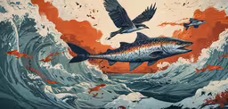 there is a painting with fish on it,an image of a fish with seagulls above it