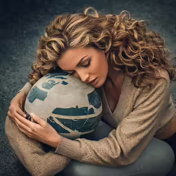a woman hugging the back of her grey and white ball