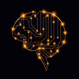 a circuit board brain surrounded by glowing lines