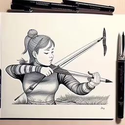 the pen drawing was created to look like an old woman holding a bow and arrow,a woman with long hair holding a gun next to a bullet point,an ink drawing of a girl with a bow and arrow,a drawing of a girl aiming with a knife,an ink drawing of a woman with a bow and arrows