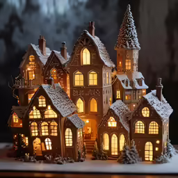 a couple of snow cottages that are covered in lights