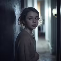 a beautiful young woman looking into a door