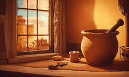 an old pottery pot, scissors and bottles by a window,a clay pot is sitting on a window sill near a can and a cell phone