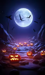 a group of carved pumpkins sitting on the ground under a full moon