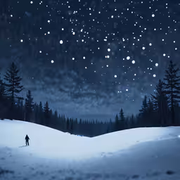 snow falling on the ground, with a silhouette of a man skiing through it and several scattered stars in the sky,a person is on skis in the snowy mountains