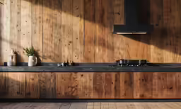 a kitchen sink that is surrounded by a wooden wall