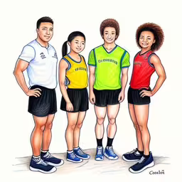 a drawing of three men and two women posing for the camera,a colored cartoon of three people and a boy posing for a picture