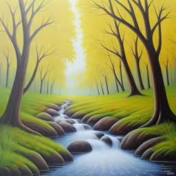 an artistic painting of stream in grass and trees,a painting of a stream running through trees,a painting of a stream running through a lush forest,painting showing a stream surrounded by trees,an art work depicts a river and trees