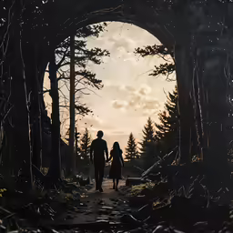 a couple walking down a trail with their dog at sunset